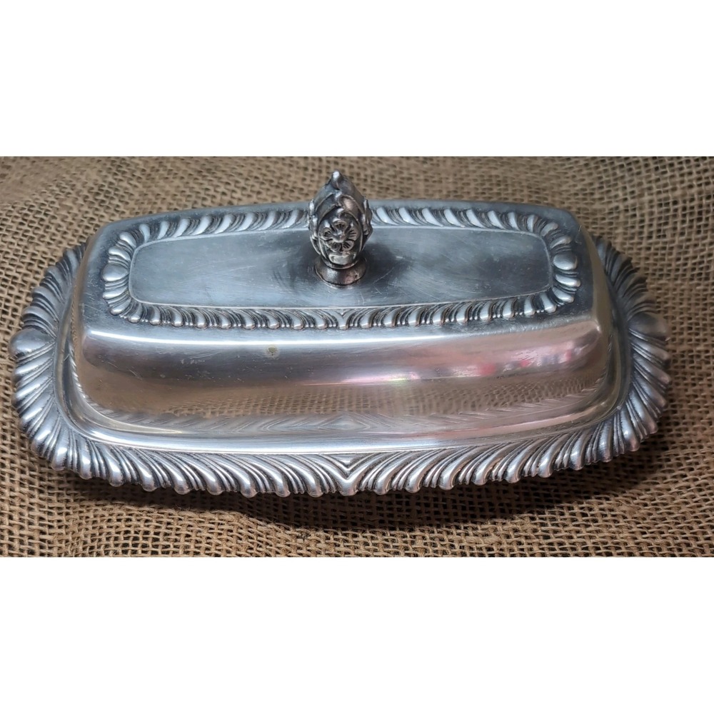Vintage Ornate Silverplate Covered Butter Dish with Lid Shell & Scroll Trim